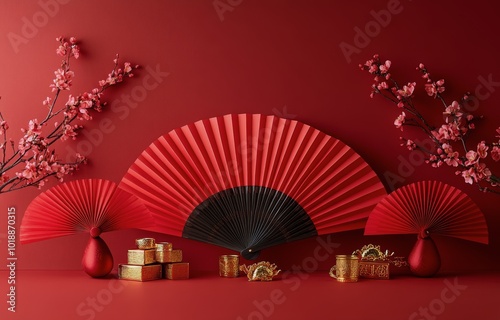 Celebration of spring with red fans and cherry blossom decor in a festive set...