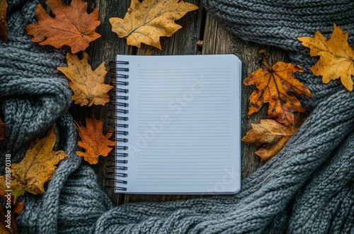 A cozy autumn setting with a blank notebook surrounded by colorful fallen lea...