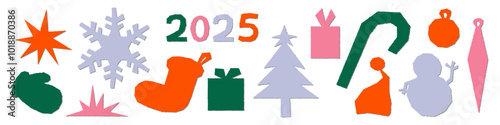 Torn paper cut out Christmas elements set isolated on transparent background. New year symbols, ornaments, gift, snowflake, star, stocking. Modern retro vector illustration