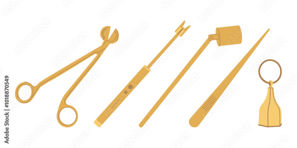 Set of accessories for candles. Wick cutter, electric lighter, candle extinguishing, wick ladle. Vector illustration. Set of accessories for candles. Wick cutter, electric lighter, candle extinguishing, wick ladle. Vector illustration.