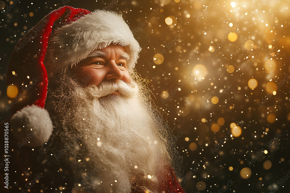 Friendly, kind Santa Claus in red costume, close up portrait on snowy background with magical warm golden bokeh. For banner, greeting card, poster, with copy space. Christmas joy and holiday spirit Friendly, kind Santa Claus in red costume, close up portrait on snowy background with magical warm golden bokeh. For banner, greeting card, poster, with copy space. Christmas joy and holiday spirit