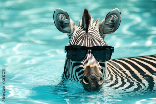 Portrait of a zebra wearing sunglasses in the swimming pool