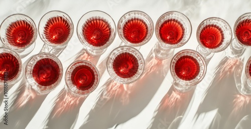 Colorful drinks filled with sparkling red liquid arranged neatly on a white t...
