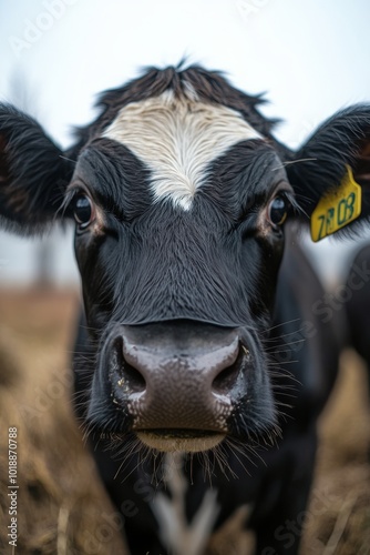 Close-up of a curious cow in a grassy field during overcast weather