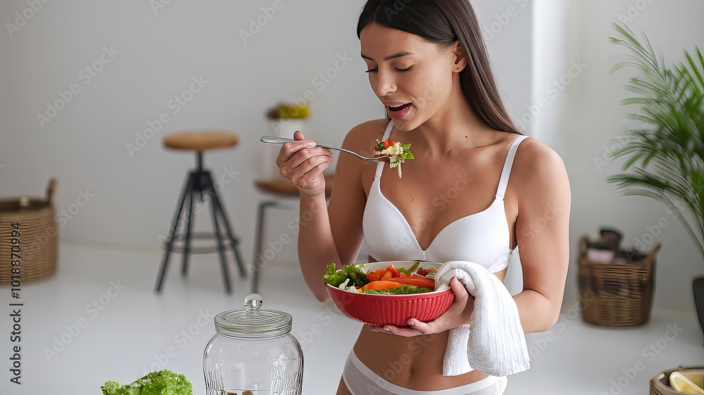 Female model eating healthy food, woman eating organic salad isolated on white background, Female model eating healthy food, woman eating organic salad isolated on white background,