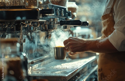 Barista preparing espresso in a cozy cafe, showcasing steam and rich coffee e...