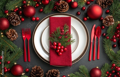 Elegant holiday dining setup featuring red and green decor with festive table...