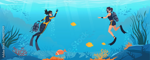 Two scuba divers swim among colorful fish and corals in the ocean. Vector illustration