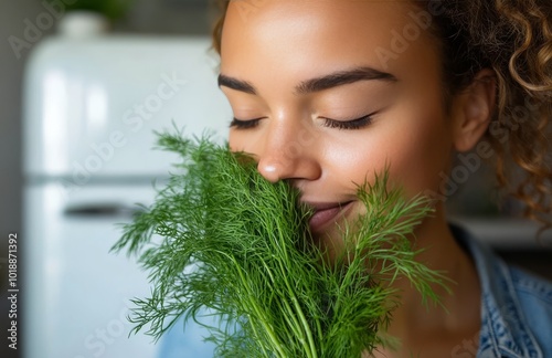 A young woman enjoys the aroma of fresh herbs in a cozy kitchen with a bright...