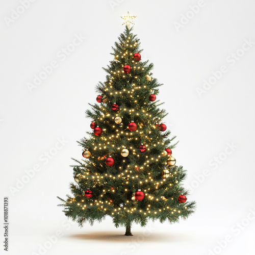 Christmas Tree Wrapped with Lights and Ornaments on Solid White Background