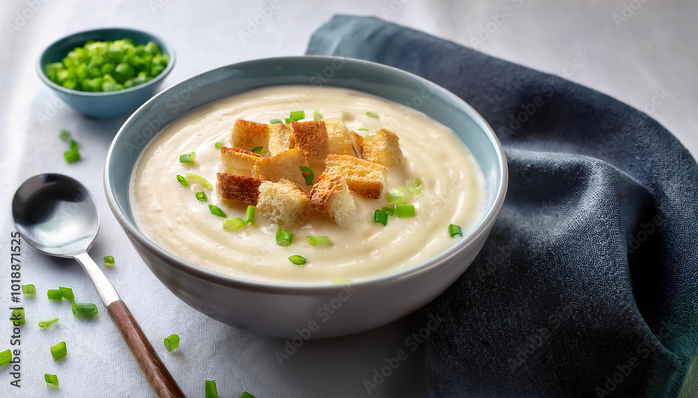 Creamy soup in a bowl topped with croutons and green onions Creamy soup in a bowl topped with croutons and green onions