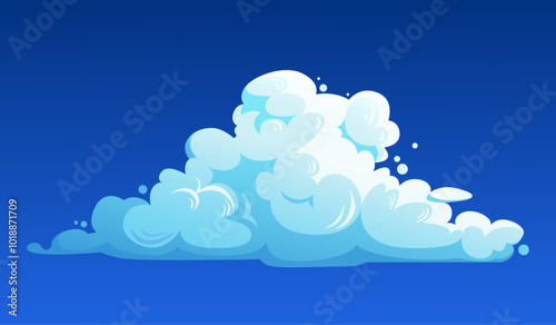 Fluffy soft cloud. Vector cumulus cloud illustration Isolated on blue sky background for banner design, flyer, cover, card, and website.