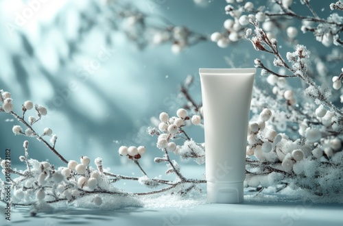 Winter skincare product with frosty branches on a soft blue background for se...