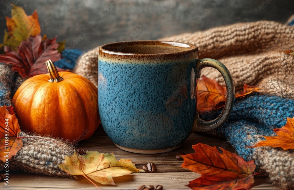 Cozy autumn scene featuring a blue mug, pumpkin, and colorful leaves on a knitted blanket Cozy autumn scene featuring a blue mug, pumpkin, and colorful leaves on a knitted blanket