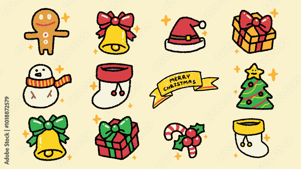 Naklejka premium Merry Christmas, Bell,Presents , Hat ,Snowman,Christmas Tree,Candy Cane,Gingerbread