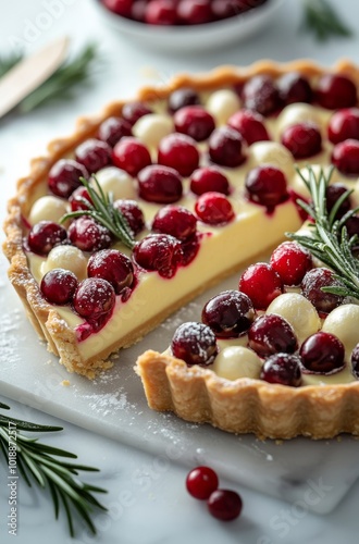 Delicious cranberry tart with creamy filling and fresh herbs served on a gray...