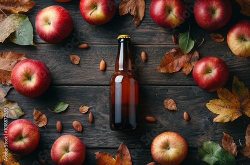 Autumn arrangement of fresh apples and a bottle on rustic wooden table with l...