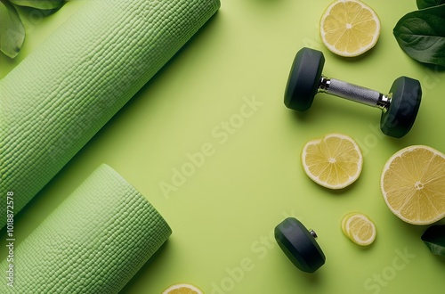 Fitness equipment on a green mat in a home workout setting during the day