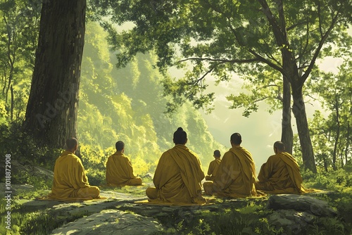 Mahayana Buddhism. Buddha instructs monks on the perfection of wisdom (Heart Sutra 2:2) photo