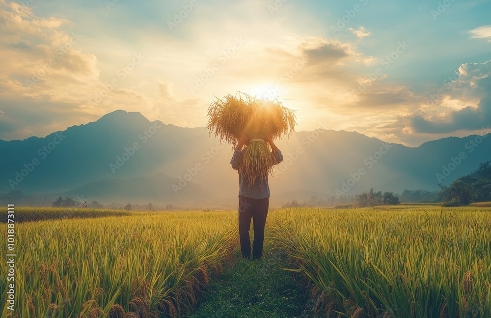 Fototapeta premium A farmer carrying freshly harvested rice while standing in a sunlit field at dawn