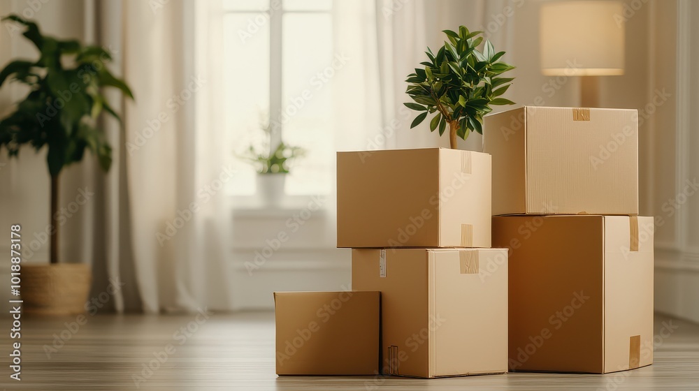 A cozy interior scene with stacked cardboard boxes and a potted plant, creating a warm atmosphere near a window. A cozy interior scene with stacked cardboard boxes and a potted plant, creating a warm atmosphere near a window.