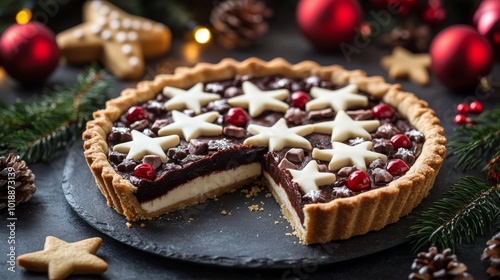 Delicious chocolate cream tart with festive decorations on a holiday-themed table setting