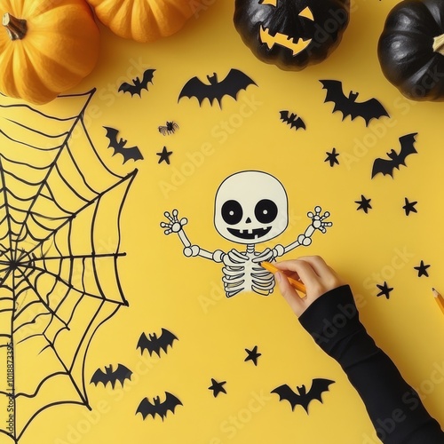 Crafting spooky decorations with pumpkins and bat cutouts on a bright yellow ...