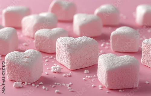 Heart-shaped marshmallows scattered on a soft pink background for a festive o...