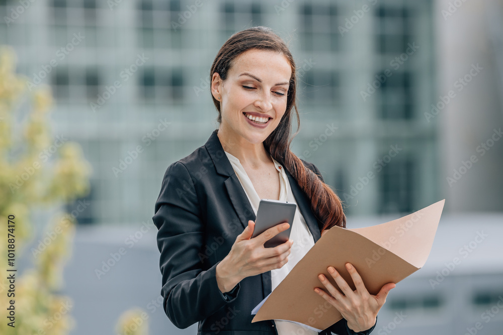 business woman with document folder on the street looking at mobile phone business woman with document folder on the street looking at mobile phone