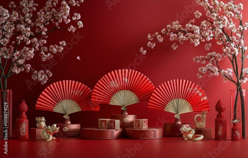 Celebration of spring with red fans and cherry blossom decor in a festive set...