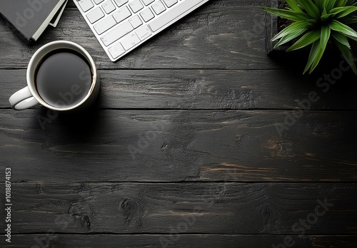 Cozy workspace with coffee cup, keyboard, and potted plant on rustic wooden t...