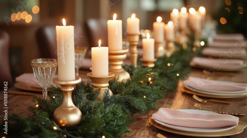 Elegant holiday dining table with candles and greenery arranged for a festive...