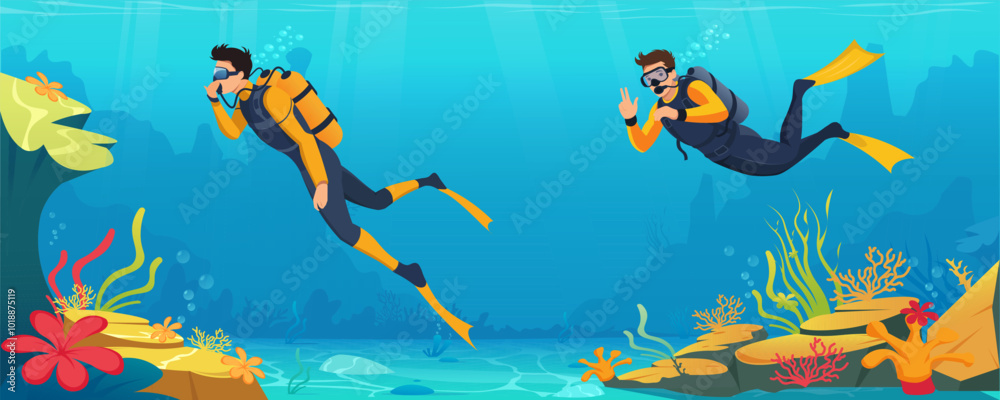 Two divers swim through a colorful underwater landscape filled with corals. Vector illustration