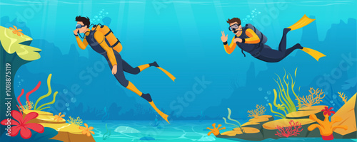 Two divers swim through a colorful underwater landscape filled with corals. Vector illustration