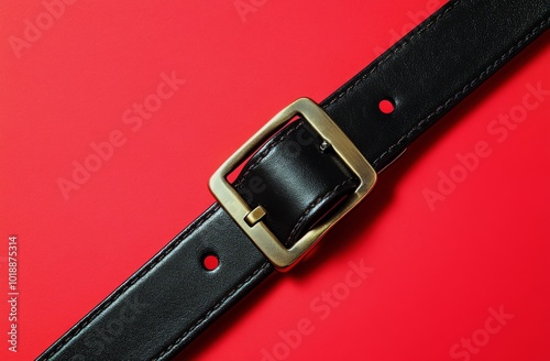 Black leather belt against a bright red background showcasing simple elegance...