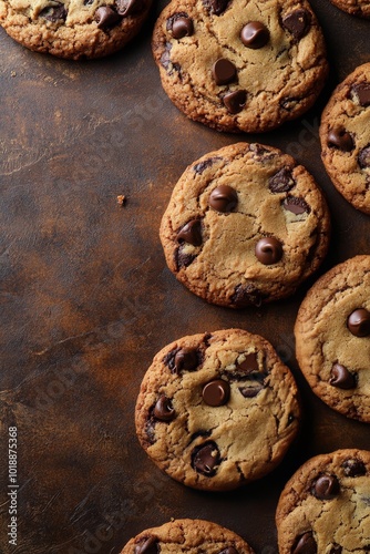 Delicious chocolate chip cookies arranged on a rustic brown background ready ...