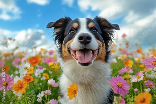 Happy dog running through a colorful flower field on a bright sunny day in sp...