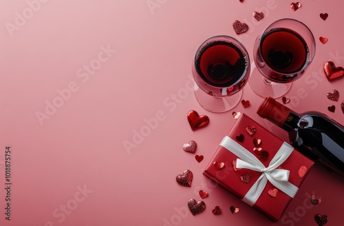 Celebrating love with red wine and sweet treats on a pink background for a ro...