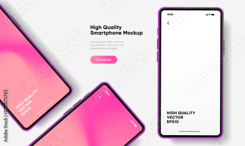 Realistic smartphone mockup. Mobile phone vector with isolated on white background. Device front view. 3D mobile phone with shadow. Realistic, high quality smart phone mockup for ui ux presentation.