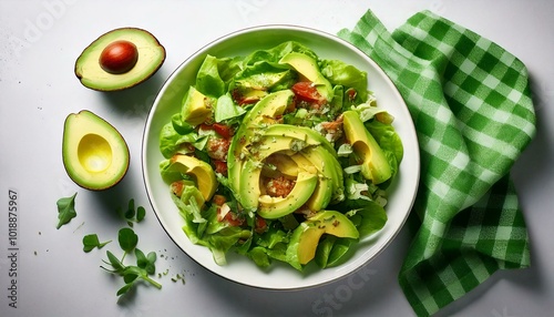 Salade d'avocats, sur fond blanc avec serviette vichy