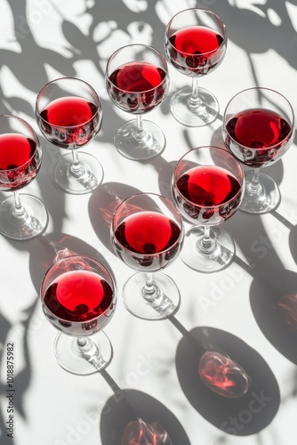 Elegant arrangement of red drinks in clear glasses on a bright surface with d...
