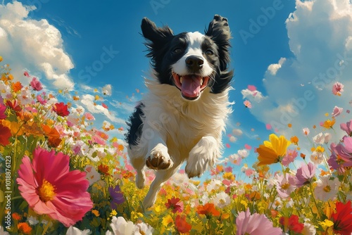 A joyful dog runs through a vibrant field of blooming flowers in springtime s...