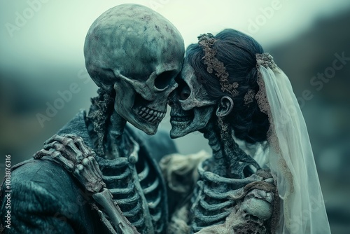 A beautifully cinematic Halloween-themed scene of a skeleton bride and groom photo