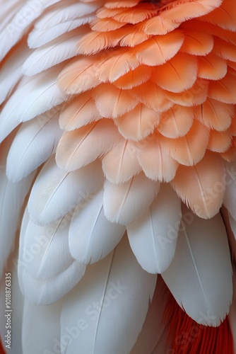 Detailed close-up of intricately arranged colorful feathers on a bird at dawn...
