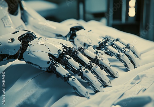 Robotic hands interact in a futuristic laboratory setting during a technology...