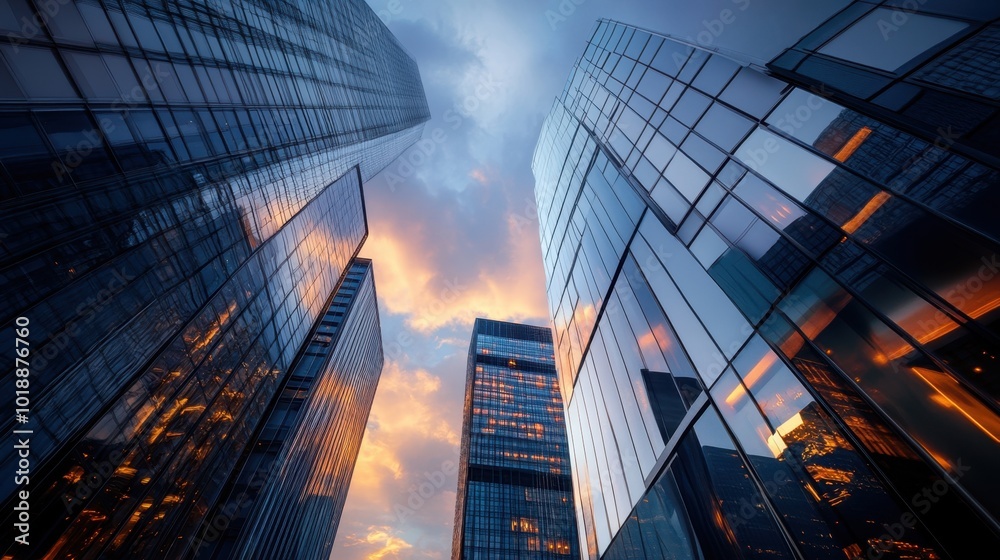 Fototapeta premium Sunset reflections on skyscraper glass facades in an urban skyline