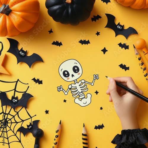Crafting spooky decorations with pumpkins and bat cutouts on a bright yellow ...