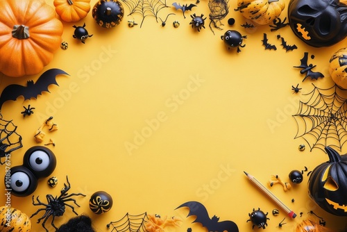 Colorful Halloween decorations with pumpkins, spiders, and skulls arranged on...