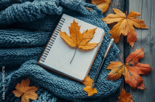 A cozy autumn setting with a blank notebook surrounded by colorful fallen lea...