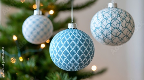 Decorative blue ornaments hanging elegantly, enhancing a festive atmosphere i...